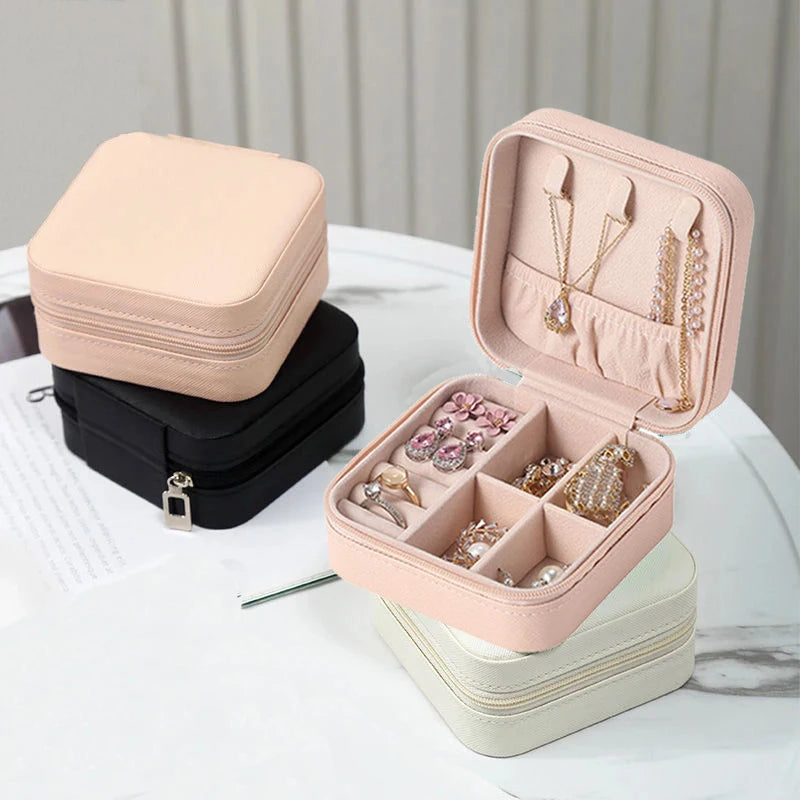 Portable Leather Jewelry Box with Zipper Closure