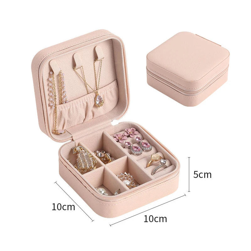 Portable Leather Jewelry Box with Zipper Closure
