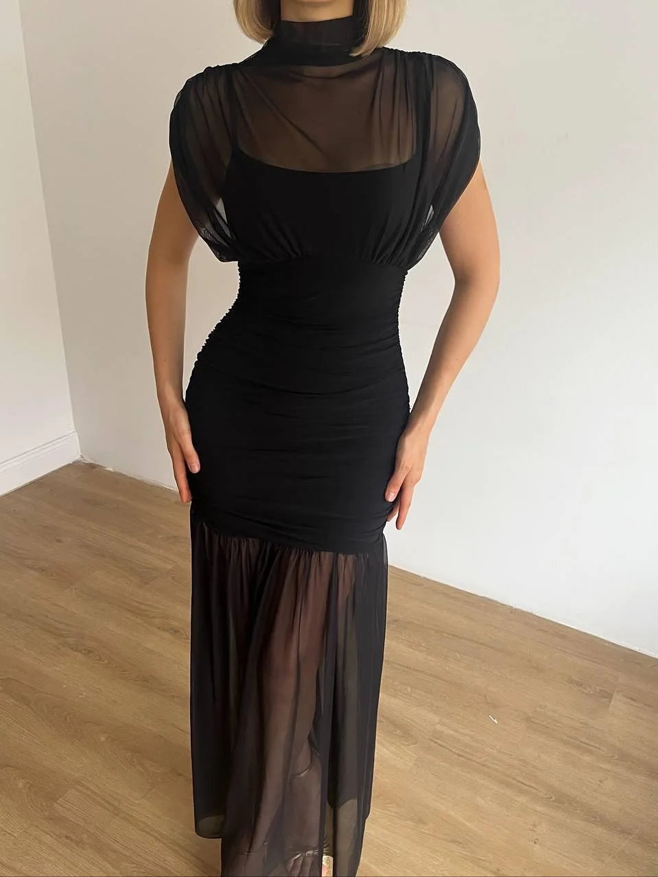 Black Mesh Patchwork Maxi Dress