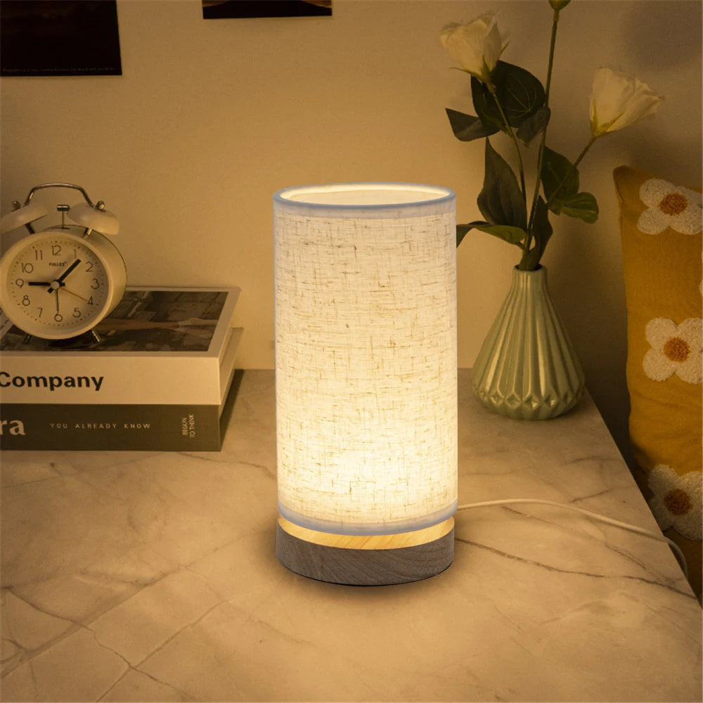 Solid Wood Bedside Table Lamp with Fabric Shade