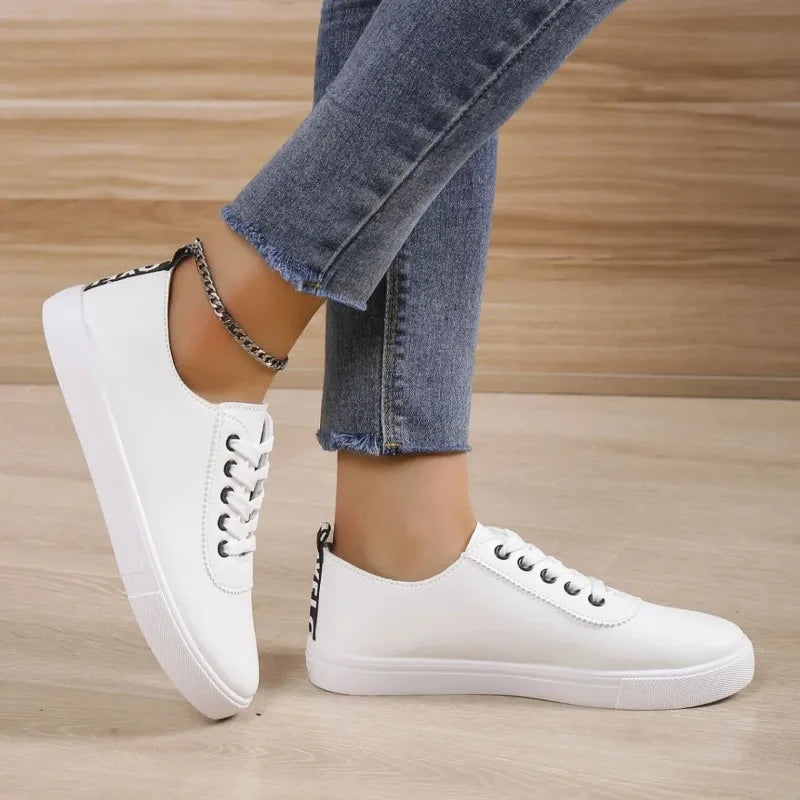 Women White Lace-Up Leather Sneakers