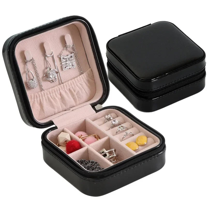 Portable Leather Jewelry Box with Zipper Closure