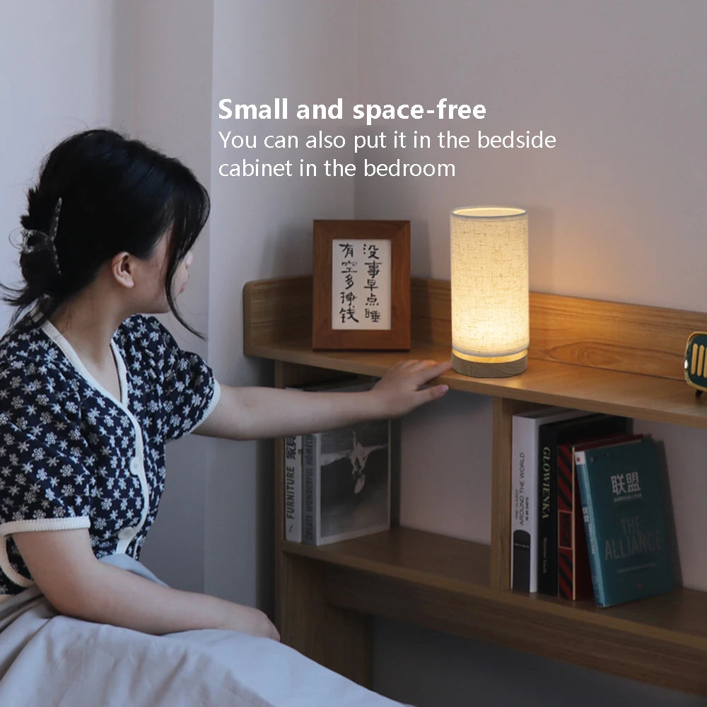 Solid Wood Bedside Table Lamp with Fabric Shade