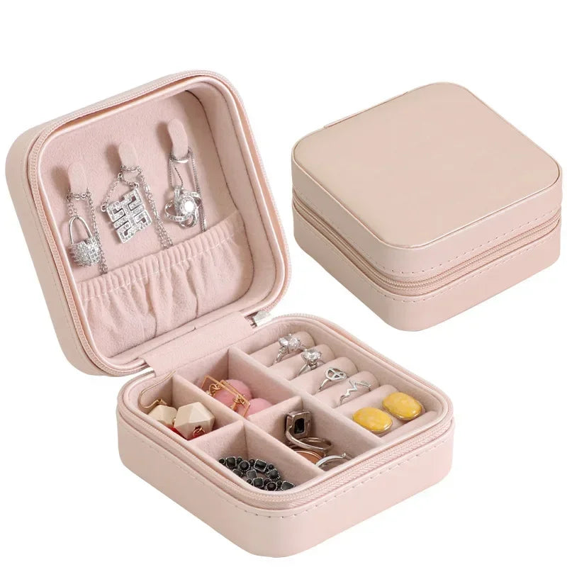 Portable Leather Jewelry Box with Zipper Closure