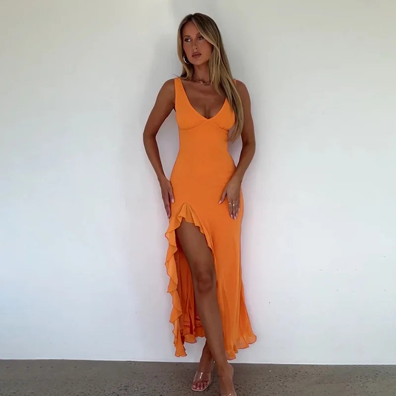 Backless Ruffle Evening Dress with Side Slit