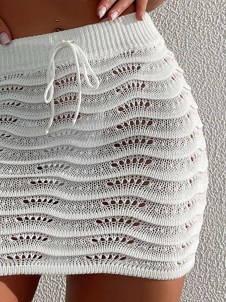 Beach Fashion Elegant Skirt Solid Color Hollow Bikini Blocked Knitted Short Skirt