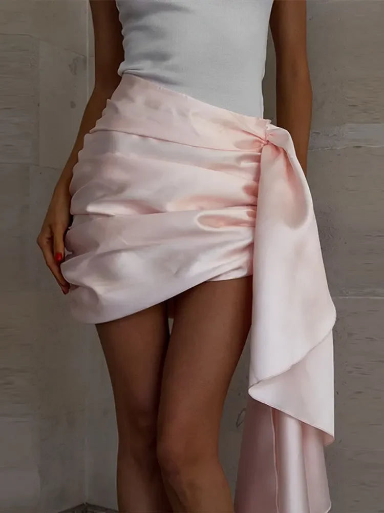 Elegant Pink Satin Wrap Mini Skirt