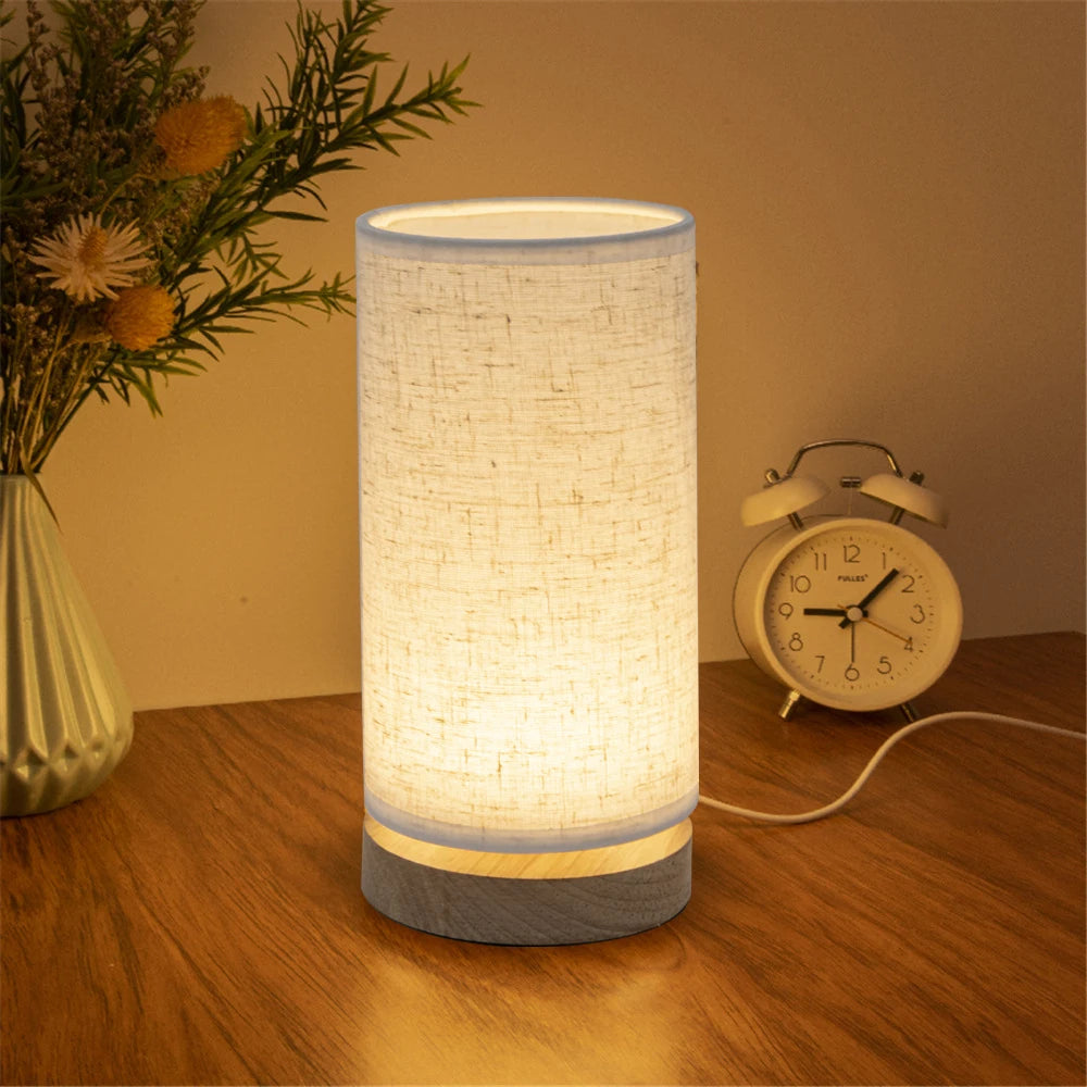 Solid Wood Bedside Table Lamp with Fabric Shade