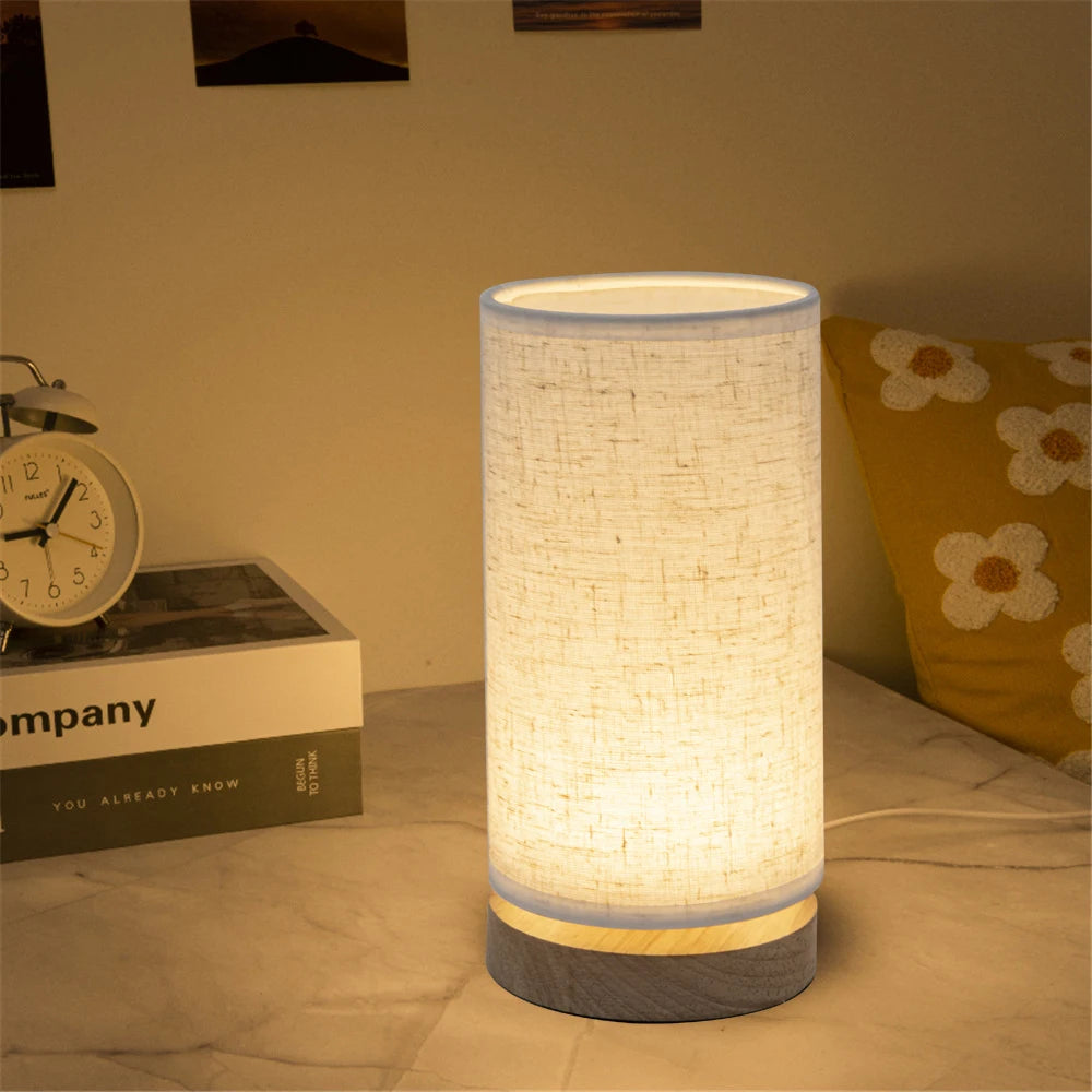 Solid Wood Bedside Table Lamp with Fabric Shade