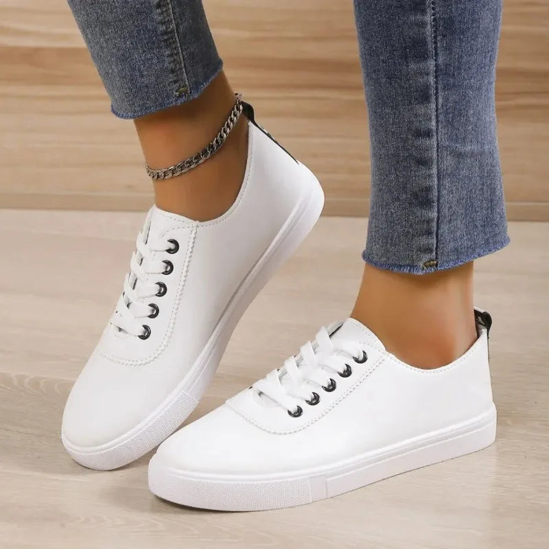 Women White Lace-Up Leather Sneakers