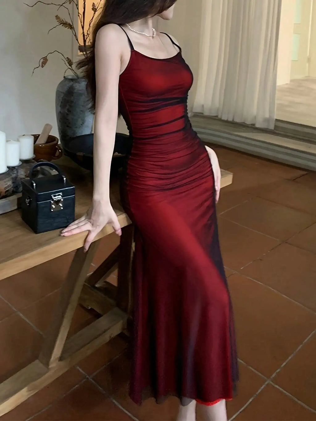 Red Cami Pleated Beach Dress