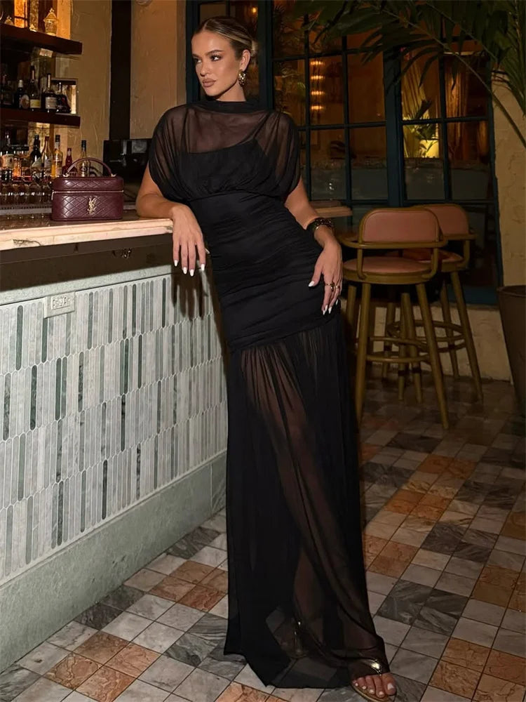 Black Mesh Patchwork Maxi Dress