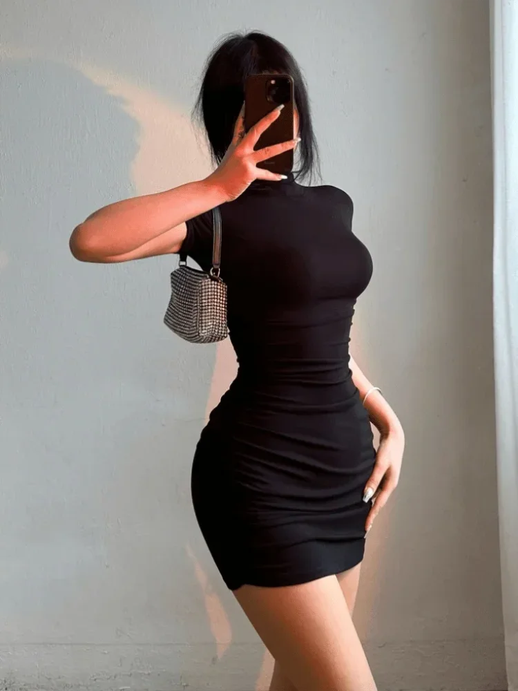 Half-Collar Pleated Waist Bodycon Mini Dress