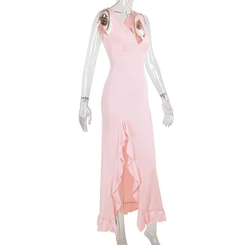 Backless Ruffle Evening Dress with Side Slit