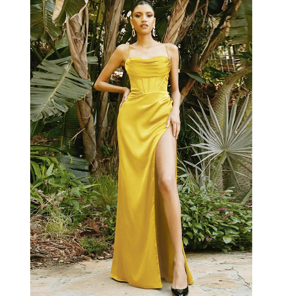 Red Satin Backless Evening Maxi Dress