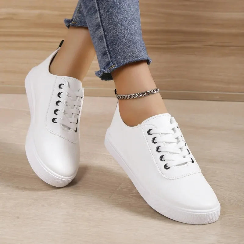 Women White Lace-Up Leather Sneakers