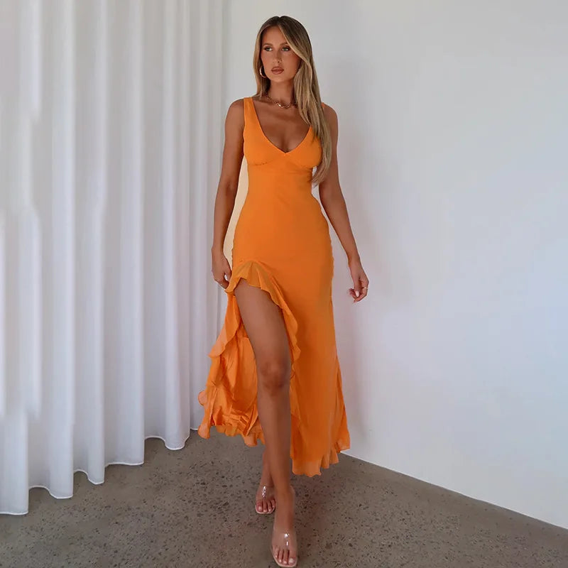 Backless Ruffle Evening Dress with Side Slit