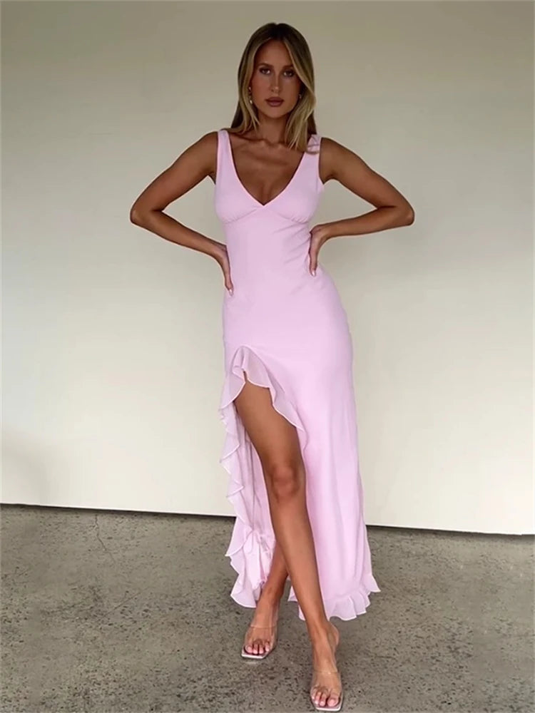 Backless Ruffle Evening Dress with Side Slit