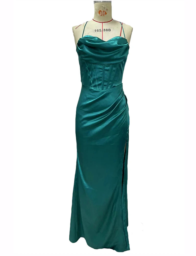 Red Satin Backless Evening Maxi Dress