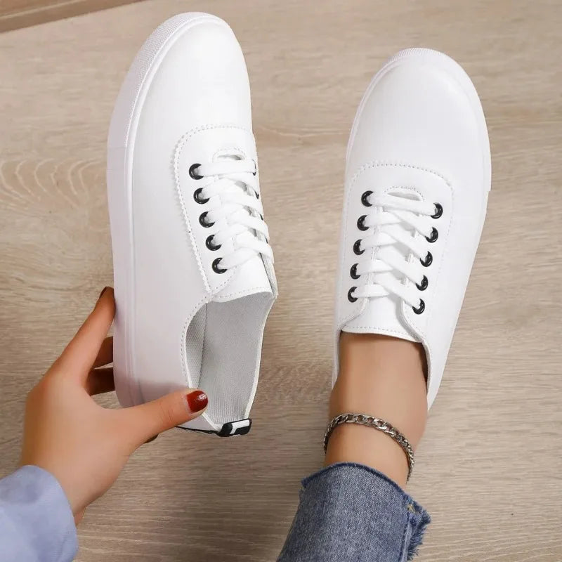 Women White Lace-Up Leather Sneakers