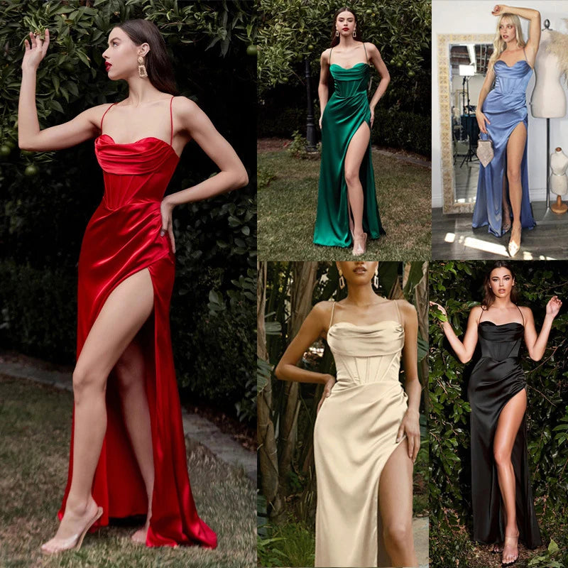 Red Satin Backless Evening Maxi Dress