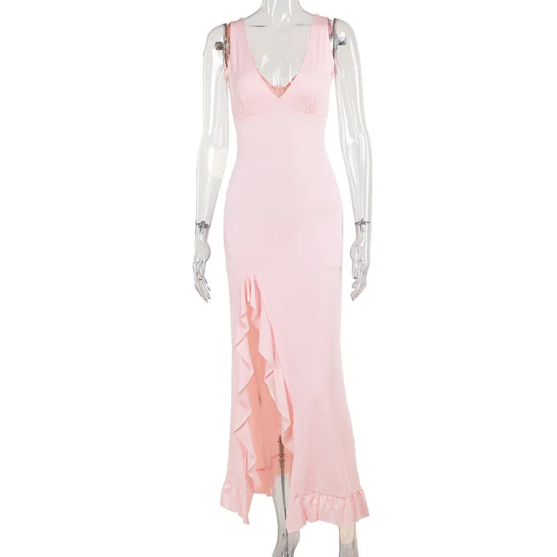 Backless Ruffle Evening Dress with Side Slit