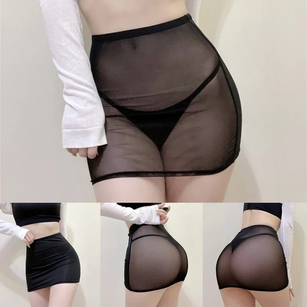 Sexy Ladies Sheer Mesh Transparent Beach Wear Skirt Women Black High Waist Lingerie Short Stretch Night Club Mini Skirts Female Clothing