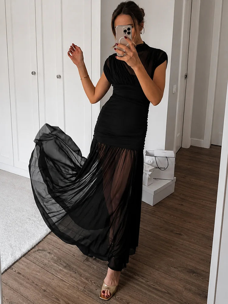 Black Mesh Patchwork Maxi Dress