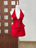 Elegant Halter Lace-Up Top & Mini Skirt Set (Red)