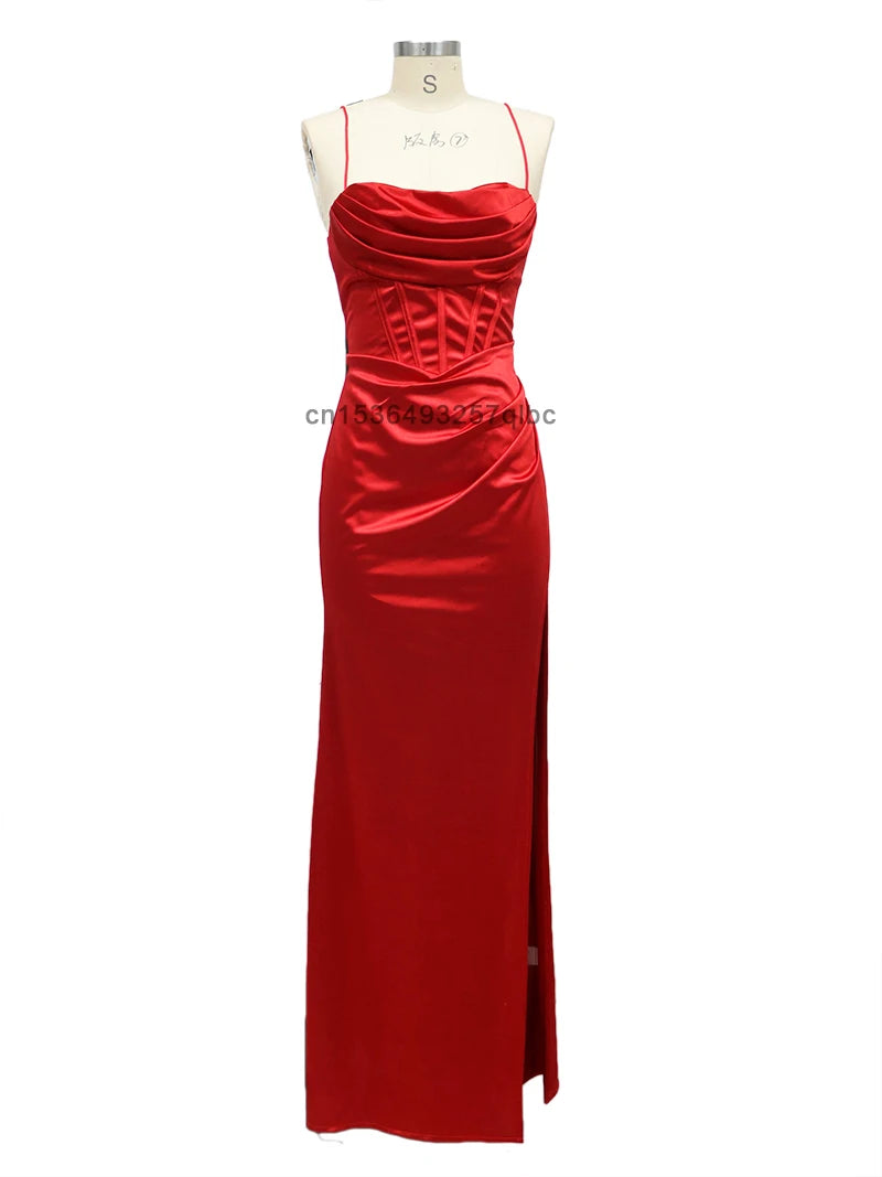 Red Satin Backless Evening Maxi Dress