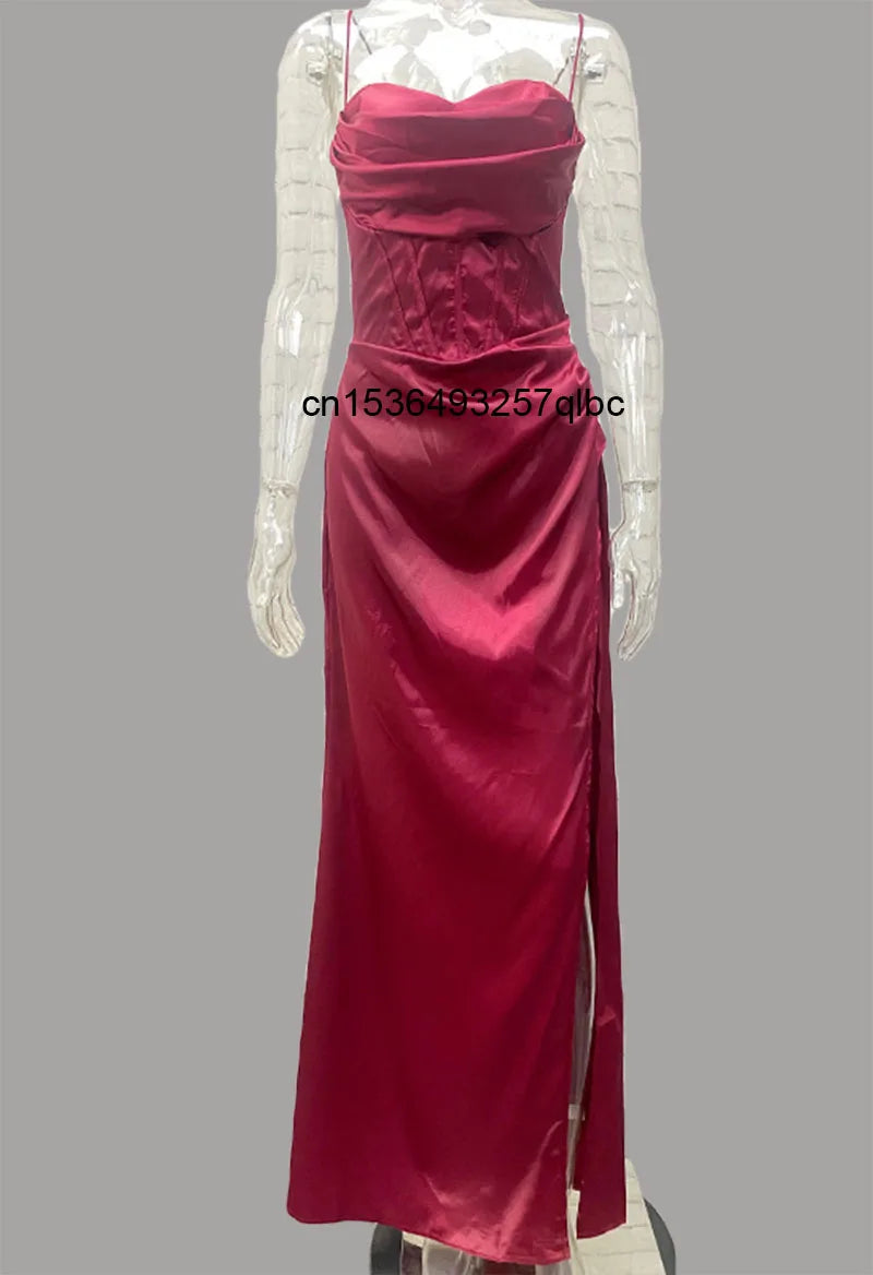 Red Satin Backless Evening Maxi Dress