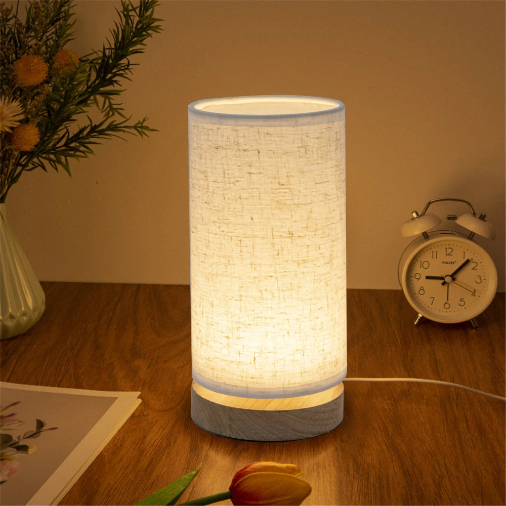 Solid Wood Bedside Table Lamp with Fabric Shade