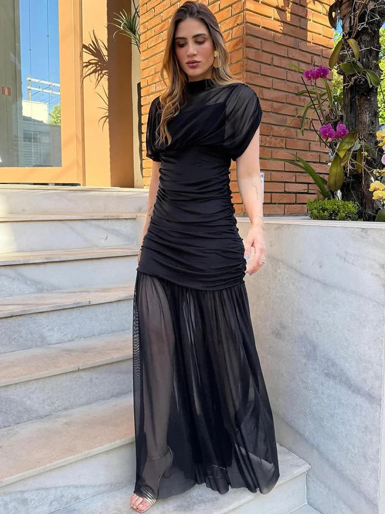 Black Mesh Patchwork Maxi Dress