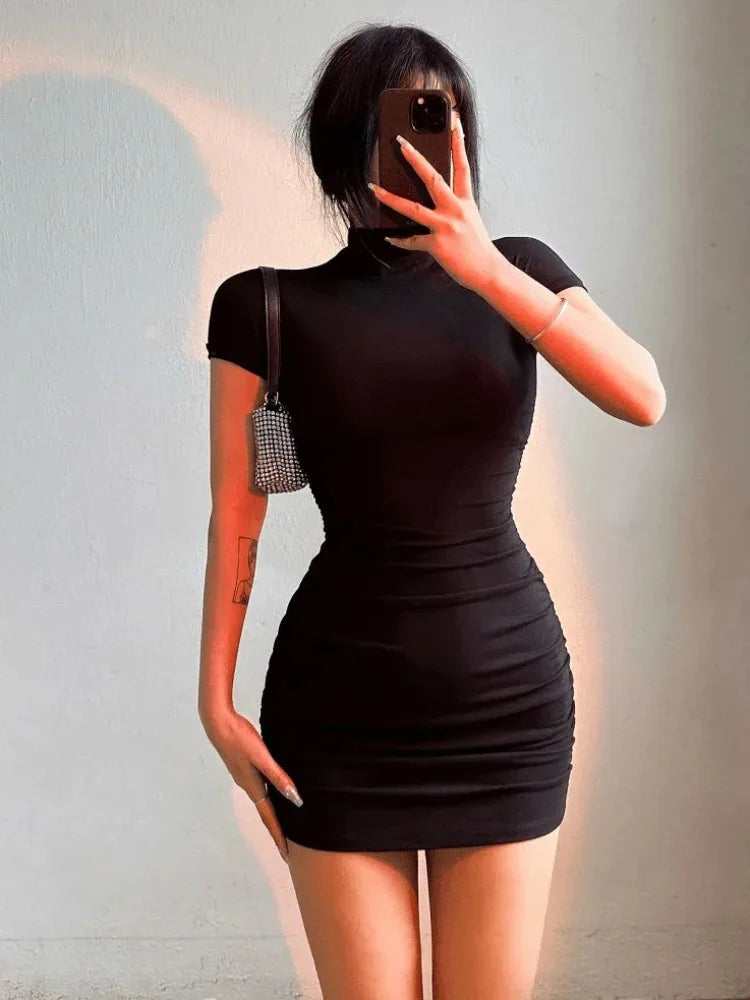 Half-Collar Pleated Waist Bodycon Mini Dress