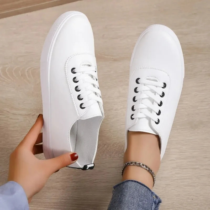 Women White Lace-Up Leather Sneakers