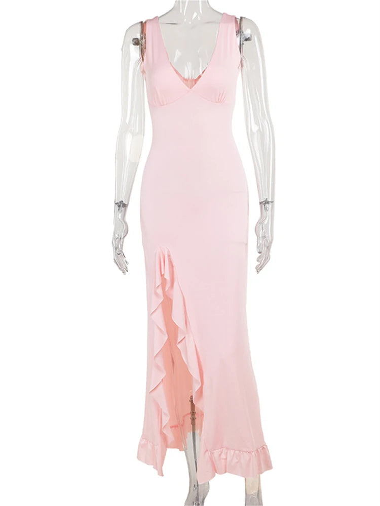 Backless Ruffle Evening Dress with Side Slit