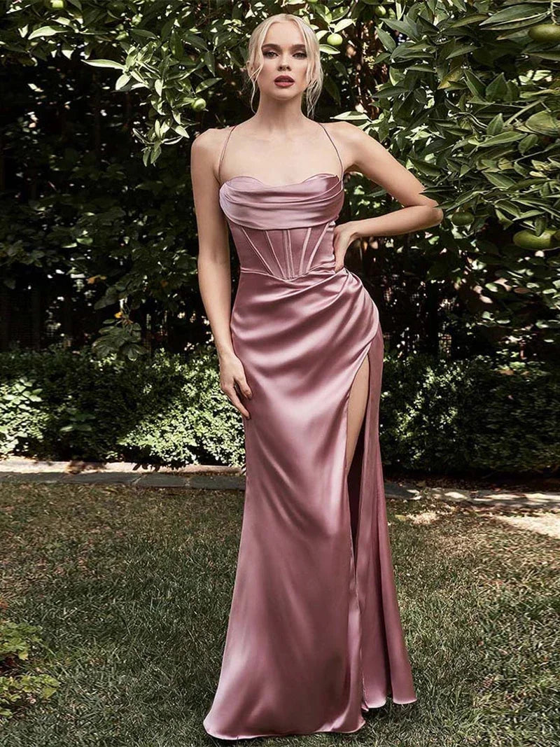 Red Satin Backless Evening Maxi Dress