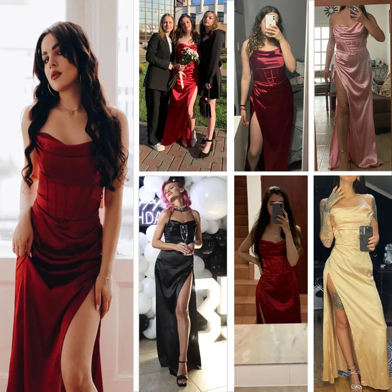 Red Satin Backless Evening Maxi Dress
