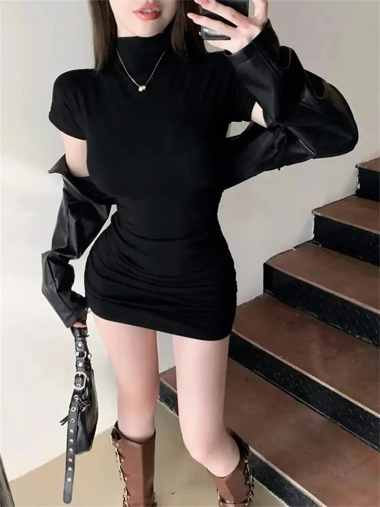 Half-Collar Pleated Waist Bodycon Mini Dress