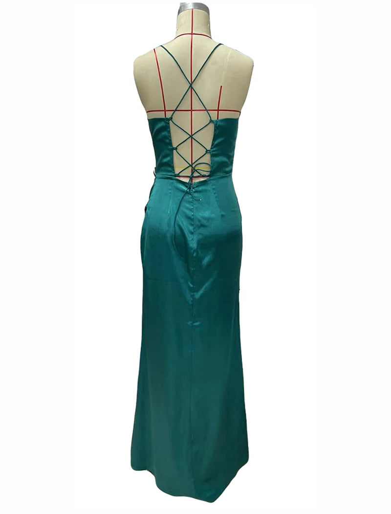 Red Satin Backless Evening Maxi Dress