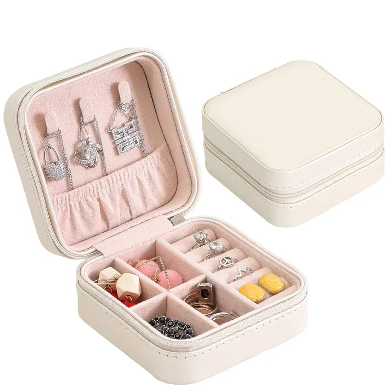 Portable Leather Jewelry Box with Zipper Closure