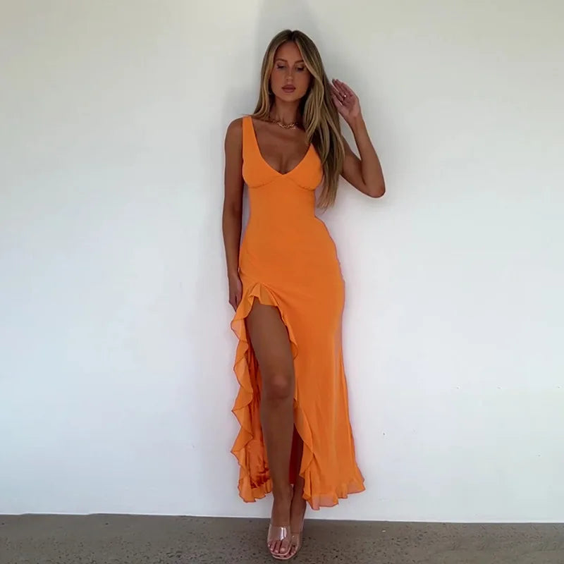 Backless Ruffle Evening Dress with Side Slit