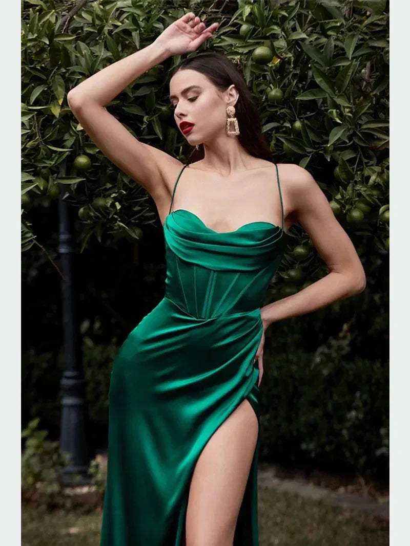 Red Satin Backless Evening Maxi Dress