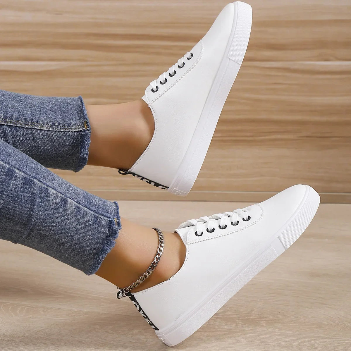 Women White Lace-Up Leather Sneakers