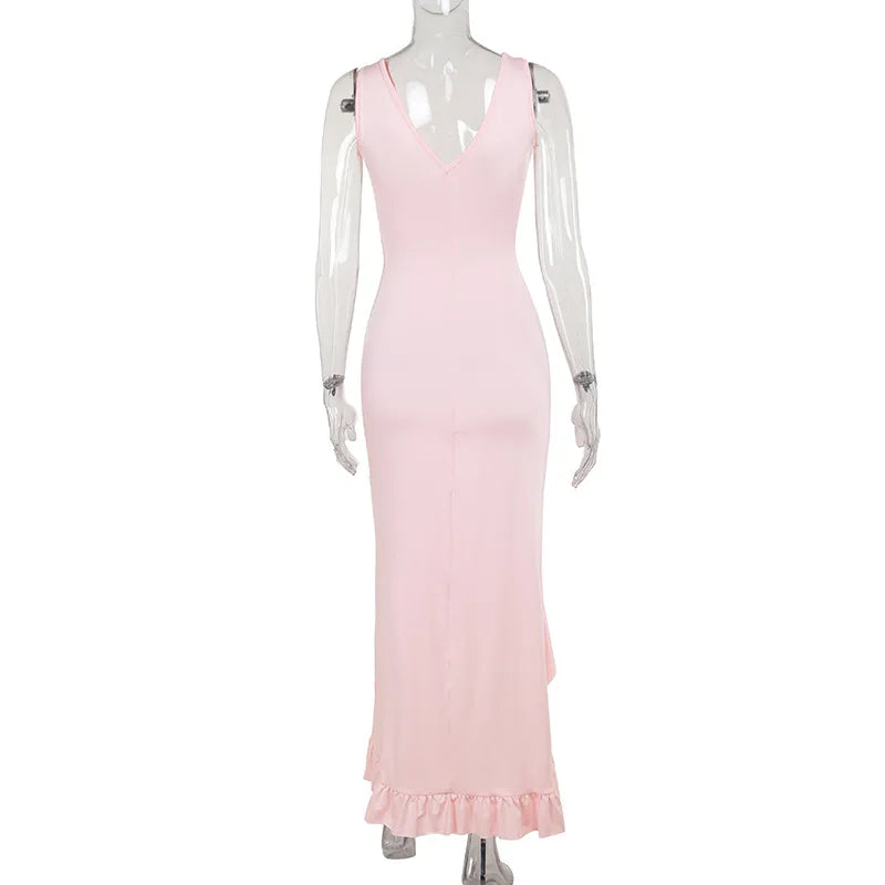 Backless Ruffle Evening Dress with Side Slit