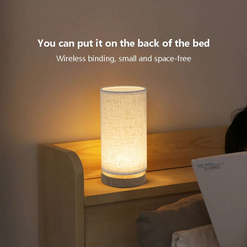 Solid Wood Bedside Table Lamp with Fabric Shade
