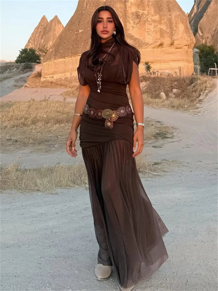 Black Mesh Patchwork Maxi Dress