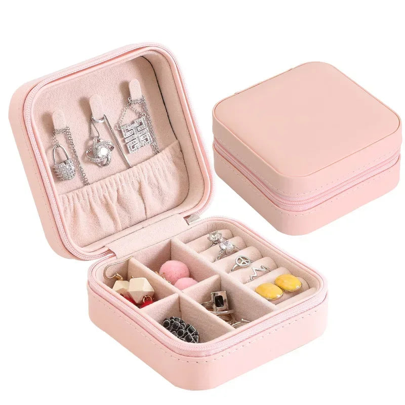 Portable Leather Jewelry Box with Zipper Closure